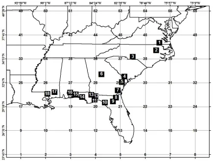 Figure 2.1 Location of the 18 HCDN stations along with the considered grid points over the                  Southeast US