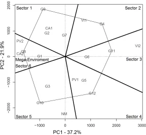Figure 3. Sectors and mega-environments obtained by the GGE biplot model for grain yield of 12 soybean genotypes evaluated in 7 environments belonging to REC 402, Brazil.