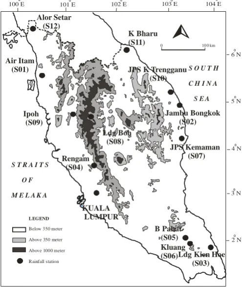 Fig. 1.  The physical map showing the locations of the 12 rainfall stations inPeninsular Malaysia