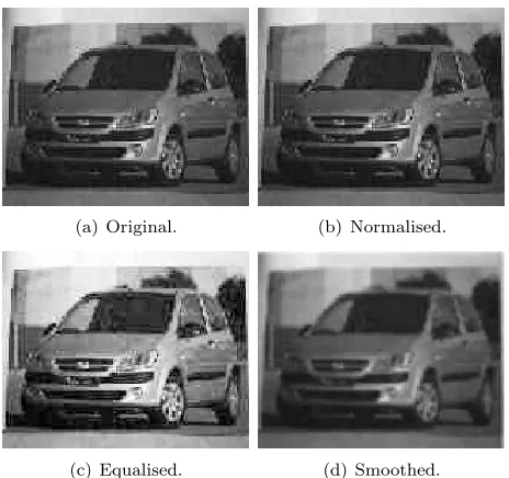 Figure 7:Comparison of the original,normalised,equalised and smoothed images.
