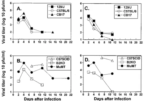 FIG. 2. Reovirus titers in the livers and intestines of mice from variousstrains after i.p