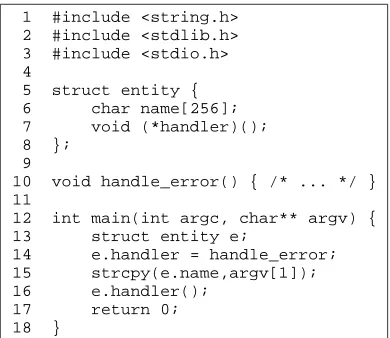 Figure 4.1: The example vulnerable program. A string overﬂow from argv[1] will overwrite handler; Set 1st parameter a0 from stack; Set 2nd parameter a1 from stack; Set 3rd parameter a2 from stack; Side effectsyscall '; Set syscall number from stack; Set jump target to' ''syscall gadget gadget, bypassing dispatcher