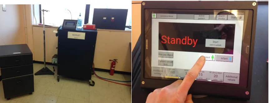 Figure 3. Left panel shows the full setup of the simulator, with supply cabinet, patient circuit 