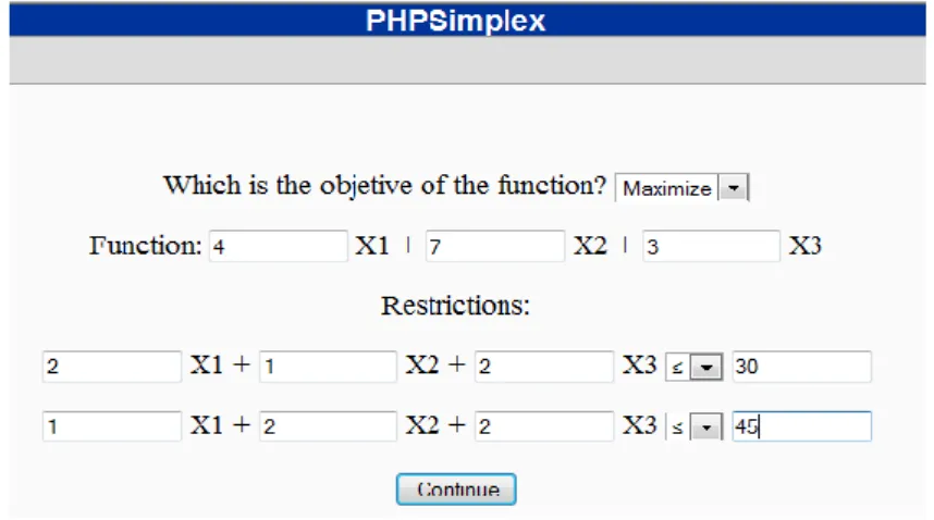 Figure 2 Second step to solve the problem using PHPSimplex 