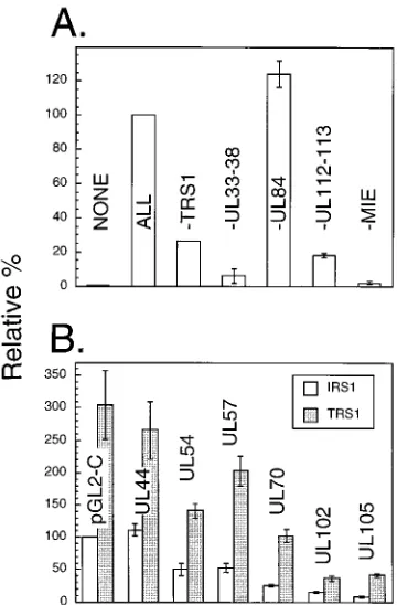 FIG. 2. Comparisons of IRS1 and TRS1 activities. Transfections were donewith the lipofectamine reagent, and luciferase activity was measured as described
