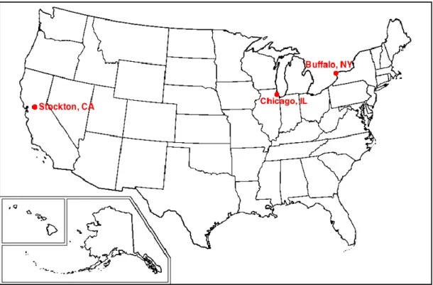 Figure 4.1: A map of the United States showing Buffalo, Chicago and Stockton  Source: Adapted from Wikimedia Commons©