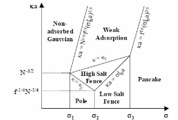 Fig. 9 Adsorption diagram of a polyampholyte chain in a salt solution as function of surface  charge density and inverse Debye screening length, Logarithmic scales24 