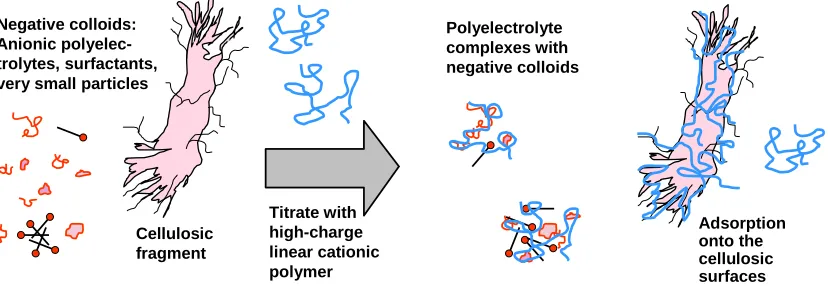 Fig. 2.   Schematic representation polyelectrolyte titration of aqueous sample that contains not only cellulosic surfaces, but also negatively charged colloidal matter, such as anionic surfactant molecules, polyelectrolytes, and very small particles  