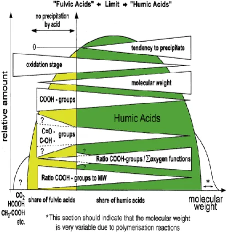 Figure 8 – Flow diagram of different features of coal-derived  humic and fulvic acids, modelling their heterogeneity  
