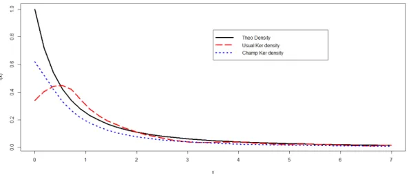 Figure 3.4: Usual kernel estimator and Champernowne transformation estimator.