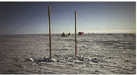 Figure 1: The 10 m2along with two Scott tents, can be seen in the background.  The preamplifier is buried loop antenna installed at AGO-P2, Antarctica