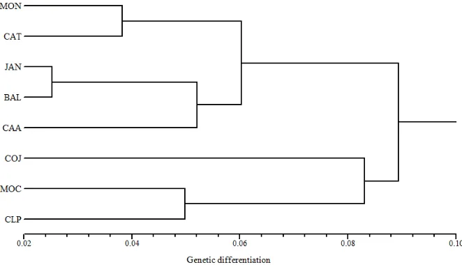 Table 5. Genetic differentiation (above diagonal) and geographical distances (km) (below diagonal) among the eight Anacardium humile populations.