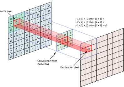 Figure 2.1: Example of a convolution with a convolutional filter of dimensions (3, 3, 1) and a input tensor of size (8, 8, 1).