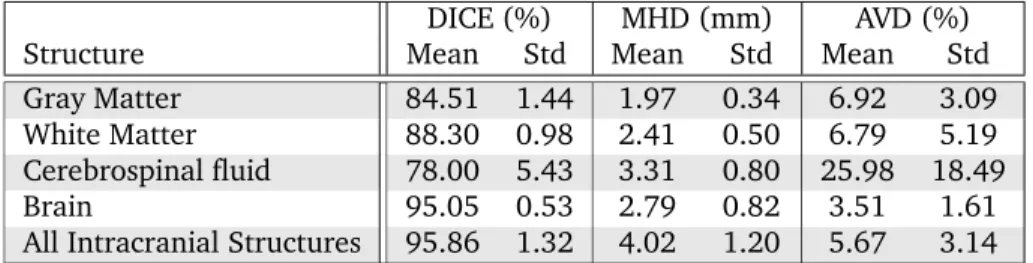 Table 2.1: Results on 12 test images: mean and standard deviation (std) for GM, WM, CSF, brain (WM+GM), and all intracranial structures (WM+GM+CSF).