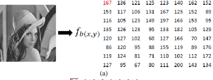 Fig. 1.The DCT transforms; (a) The spectrum matrix of example; and (b) the  coefficients of the DCT blocks of 8 x 8