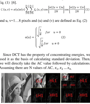 Fig. 2.  DWT transforms: (a) Original image; (b) One-level 2-D DWT; and (c)  Two-level 2-D DWT