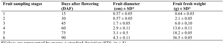 Table 2. Diameter and fresh weight of fruits of Citrus sinensis (cv. Pêra) at the six sampling stages (days after flowering - DAF) used in this experiment