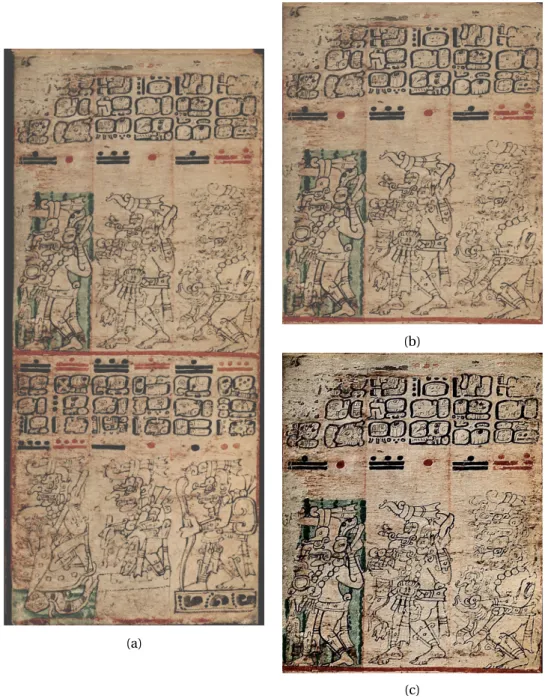 Figure 2.9 – (a) Color correction of the full page (page 65 in the Dresden Codex), (b) cropping and upsampling the t’ol a (top chapter-unit that is separated by a red line on the page), (c) unsharpening the upsampled t’ol