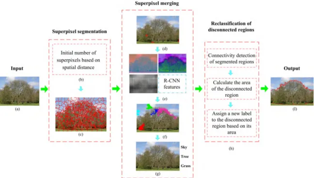 FIGURE 1. Overview of our proposed algorithm. (a) Input image. (b) Initial number of superpixels based on spatial distance
