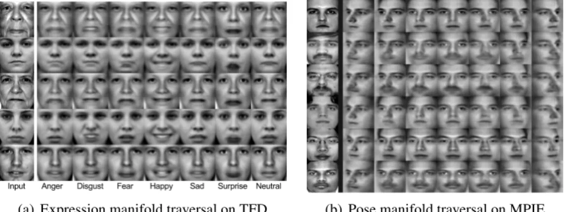 Figure 3.4: Visualization of (a) expression and (b) pose manifold traversal. Each row shows samples of varying expressions or pose with same identity as in input (leftmost).