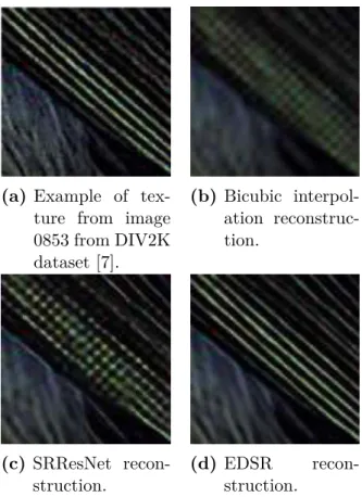 Figure 2.1: Comparison between SR algorithms. Classic methods as the bicubic inter- inter-polation fail to reproduce textures, SRResNet improves the reconstruction but creates some artifacts