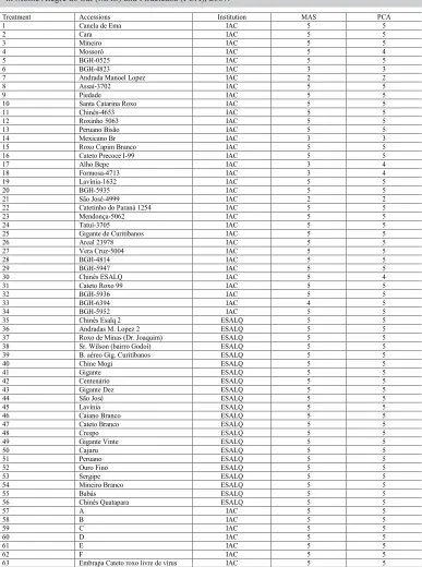 Table 1. Semi-noble garlic accessions evaluated, its institution and number of replications of trials conducted in Monte Alegre do Sul (MAS) and Piracicaba (PCA), 2007.