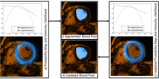 Figure 3.3: a) Probability map and intensity distribution model for current iteration, b) BP segmentation obtained from graph cut using (a), c) updated probability map and intensity distribution model obtained using (b), d) new BP segmentation obtained fro