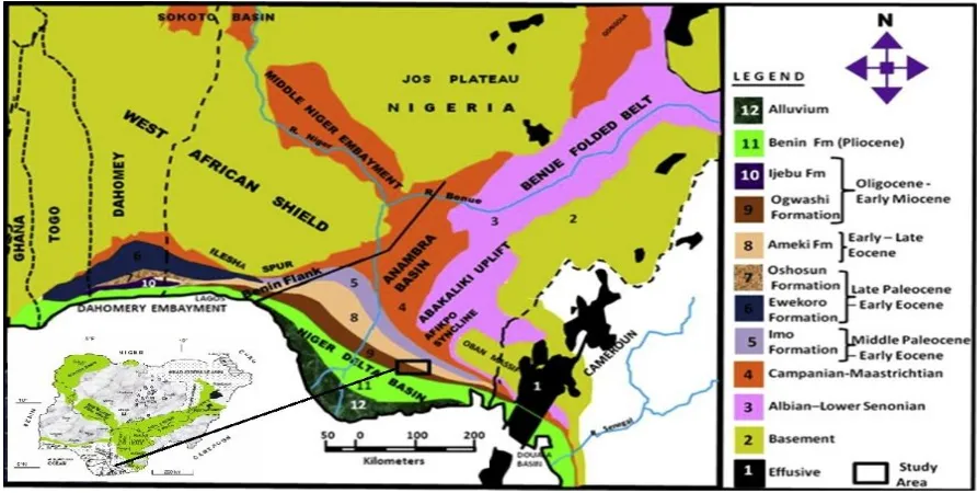 Figure 1: Map Showing the Different Lithostratigraphic Units along the Nigerian Coastand the Location of the Study Area (modified after Awosika et