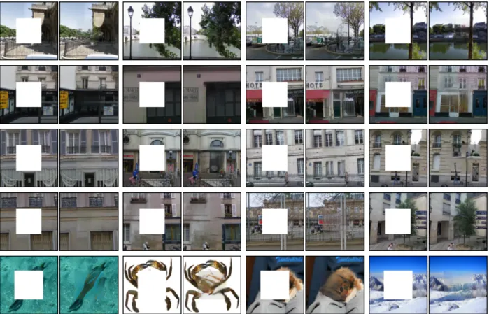 Figure 2.3: Semantic Inpainting results for context encoder trained jointly using reconstruction and adversarial loss