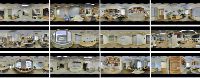 Figure 3.4: Qualitative results (randomly sampled) for cuboid layout prediction on the Stan- Stan-ford 2D-3D annotation dataset