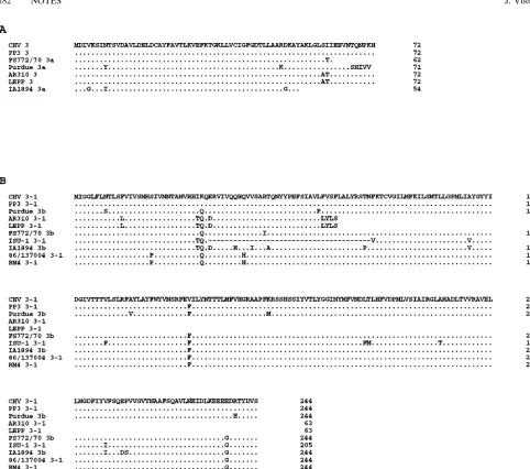 FIG. 5. (A) Alignment of the predicted amino acid residues from ORF 3/3a genes of TGEV and PRCV isolates