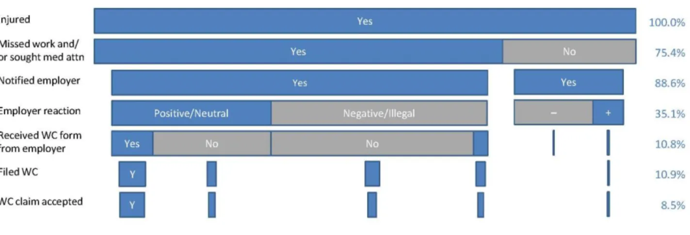 Figure 1 represents the injury experiences of workers across all three cities as a series of stages through  which injured workers typically pass on their way to accessing workers’ compensation