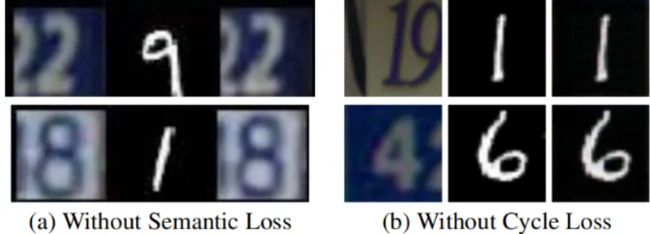 Figure 2.17: Ablation study on the effect of the semantic and cycle consistency loss [18]