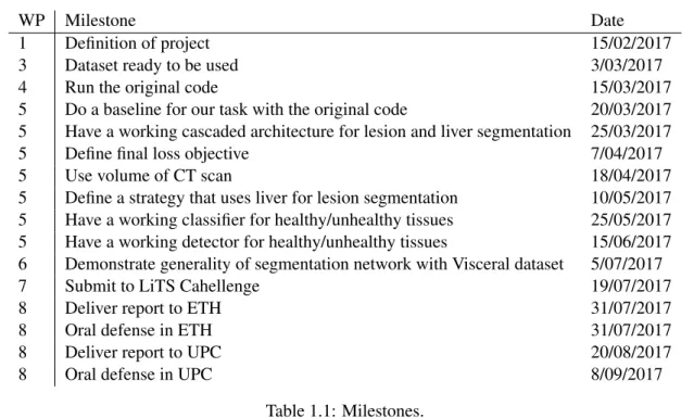 Table 1.1: Milestones.