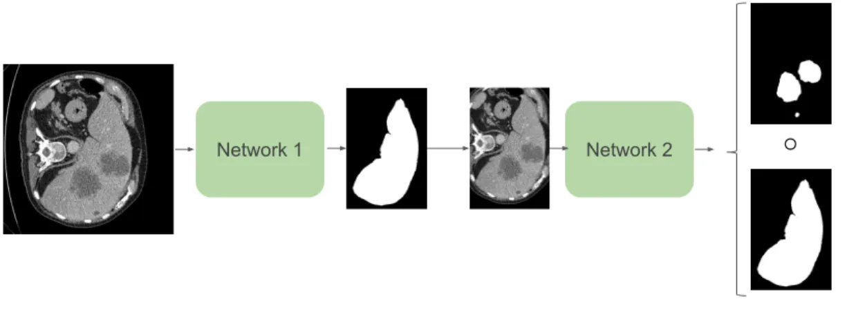 Figure 3.6: Scheme of predicting liver and lesion at the same time. In order to back propagate gradients for the lesion segmentation, first the liver prediction is multiplied by the lesion prediction.