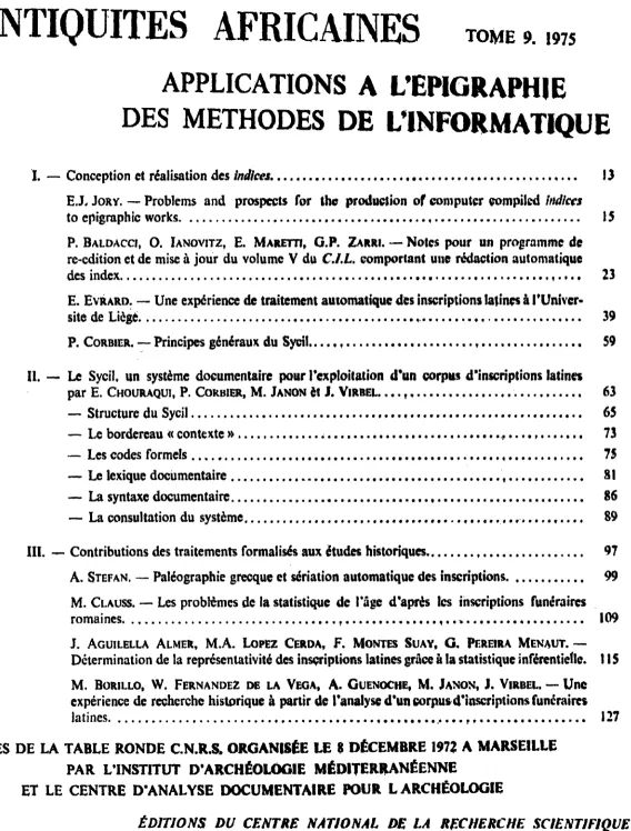 TABLE RONDE LE C.N.R.S, ORGANIS~E LE 8 PAR L'INSTITUT D'ARCH~OLOGIE M ED~TERMNEENNE CENTRE D'ANALYSE DOCUMENTAIRE 
