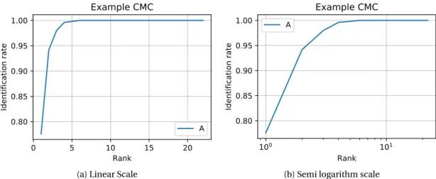 Figure 2.34 – Cumulative Match Characteristics (CMC) curve under different scales in the x-axis of an arbitrary biometric system