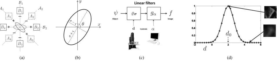 Fig. 2.2(a): typical conﬁguration of electrostatic stigmators [14]; 2(b): asymmetric PSF in Fourier space, schematic representation; 2(c): The imageformation model; 2(d): Sharpness function S reaches its optimum at the in-focus image