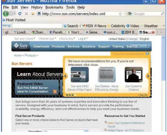 Fig. 4.The Sun Microsystems carousel widget (the yellow popin in the middle right) shows personalized links to marketing collateral.