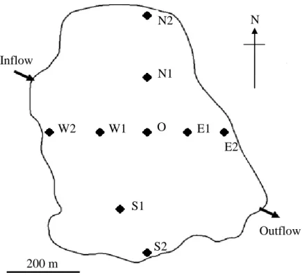 Figure  2.1:  Map  of  Lake  Ōkaro  showing  sampling  stations  and  location  of  the  inflows  and  outflow (modified from Özkundakci et al