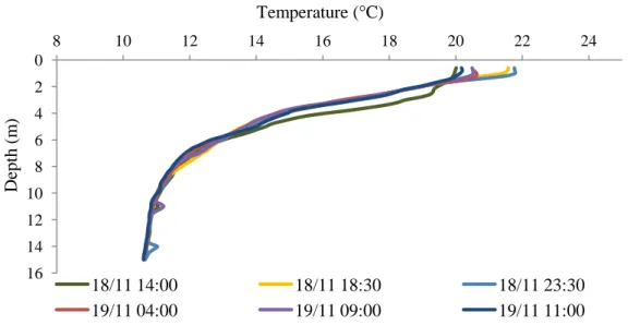 Figure 4.1: Temperature profiles for the sampling period of 19-20 November 2010. Date and time  (h) of each profile are given in inset