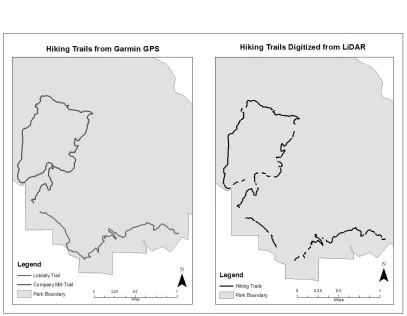 table and figure below. After all of the trail segments were digitized for the Company Mill Trail The results from mapping the two hiking trails in Umstead State Park are displayed in the and the Loblolly Trail it was apparent that the entire trail length 