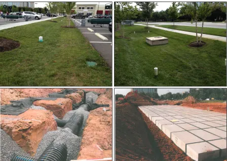 Figure 2.2: LID SCMs, clockwise from top left: (a) grassed swales, (b) pretreatment bioretention cell, (c) underground detention basin, and (d) underground infiltration trenches 