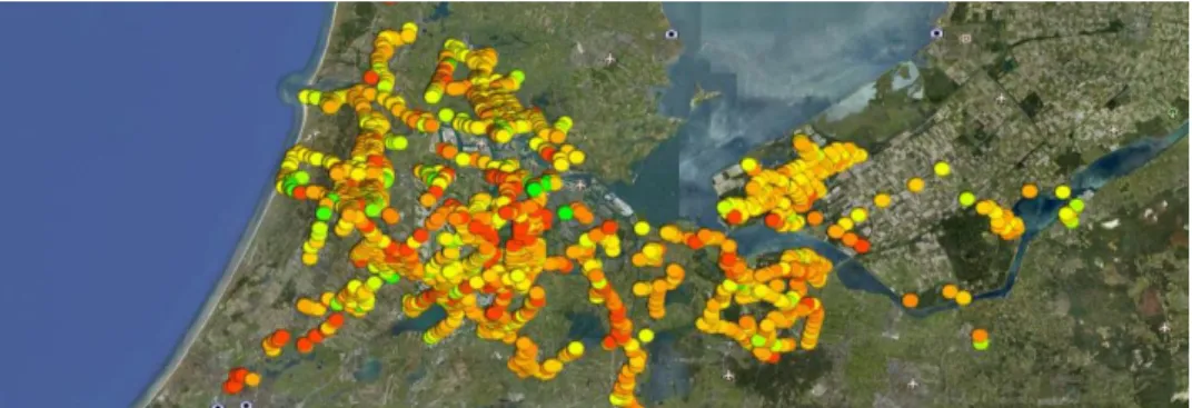 Figure 2: Average delay per stop (green: early,  yellow: on time, red: late) 