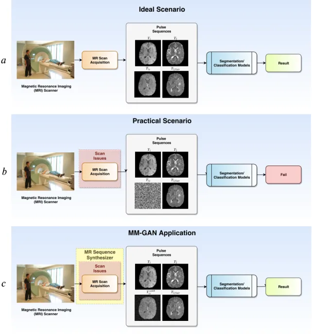 Figure 1.2: Illustration of scenarios where MR pulse sequences may be missing. (a) shows an ideal scenario where MR scan is acquired consisting of all the required sequences (T 1 , T 2 , T 1c , T 2f lair )