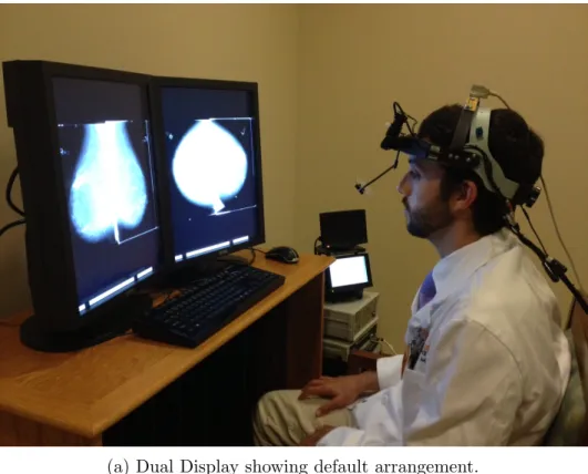 Figure 2.1: Image reader outfitted with eye-tracking apparatus reviewing a mammographic case.