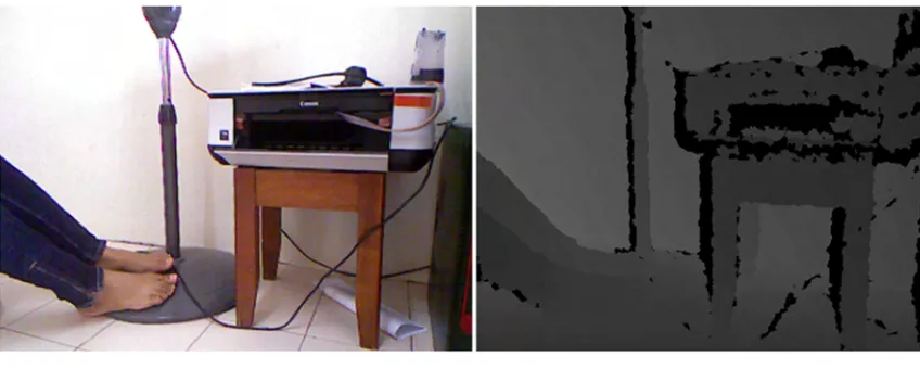 Fig 2. left: A real environment (RGB mode), right: row depth data.