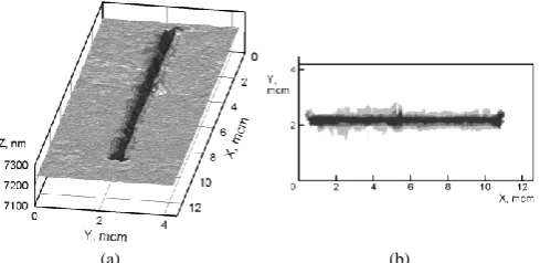 Fig. 6.  (a) 3D SPM-image of scratch on glass surface, size of scanned area is 6,0х3,0х0,1 mcm; (b) result of the program operation: dark colour notes the scratch area (total volume 0,05 mcm3), light grey colour – the pile-up area (total volume 0,01 mcm3)