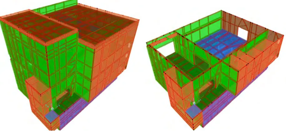 Figure 1. South-East perspective view of the complete 3D FE structural model (left), respectively of  ground floor level (right) as implemented in SAP2000