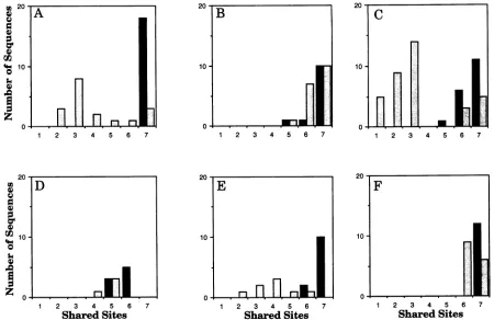 FIG. 6.barsnumber Distribution of blood- and brain-derived sequences that share a given fraction of the seven-amino-acid brain signature pattern